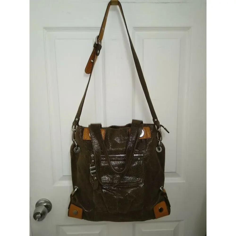 B. Makowsky Brown Metallic Leather Large Satchel Shoulder Bag